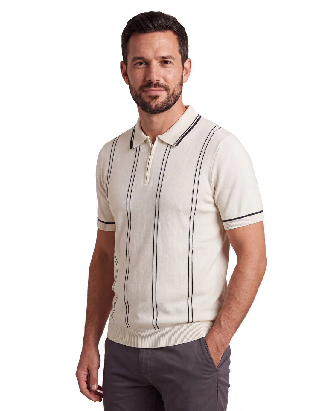 N6839 Knitted Zipper Polo - Off White, angled
