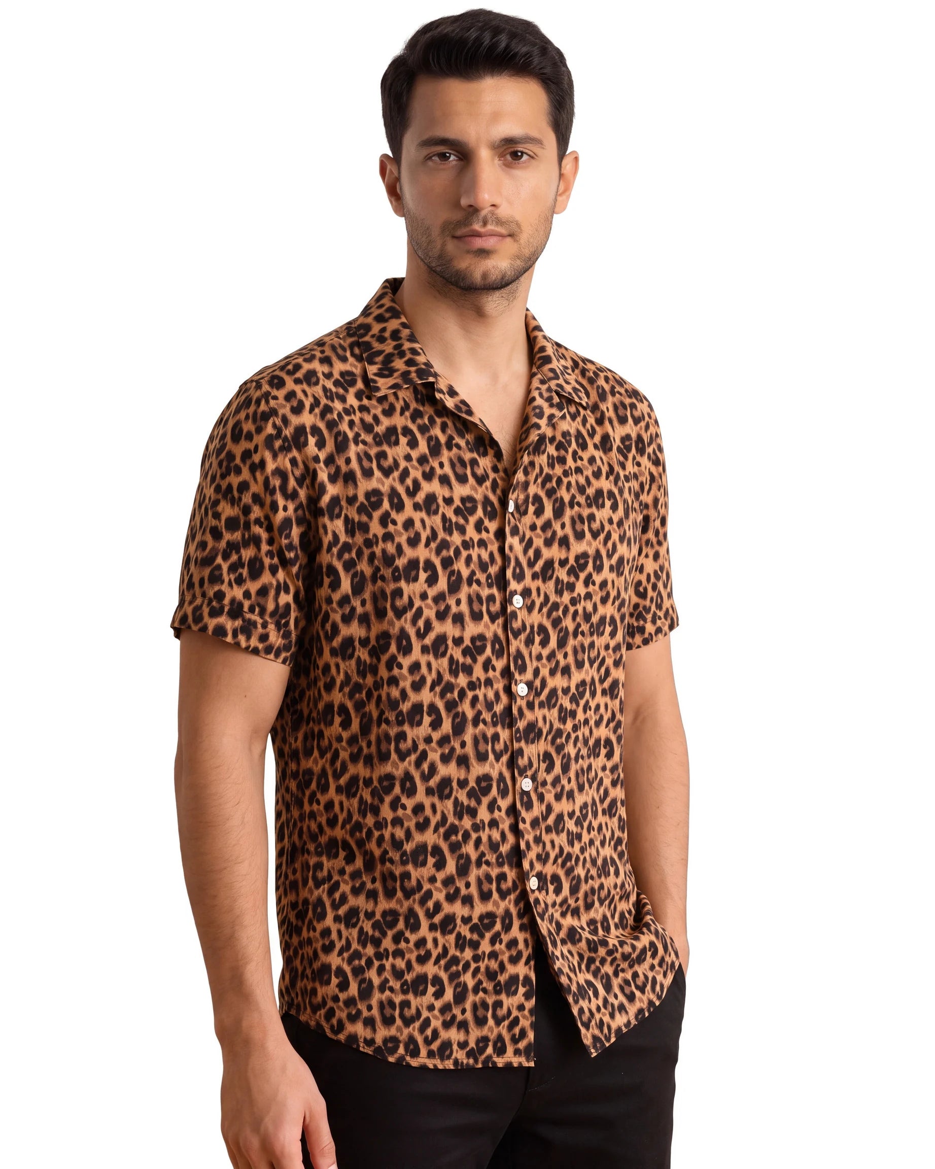 Panther Print Shirt - Brown, angled
