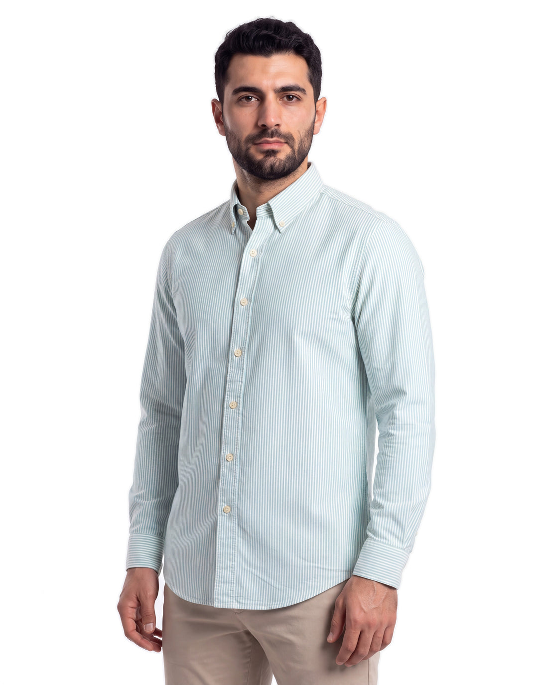 R/L Oxford Stripe Long Sleeve Shirt - Green, angled