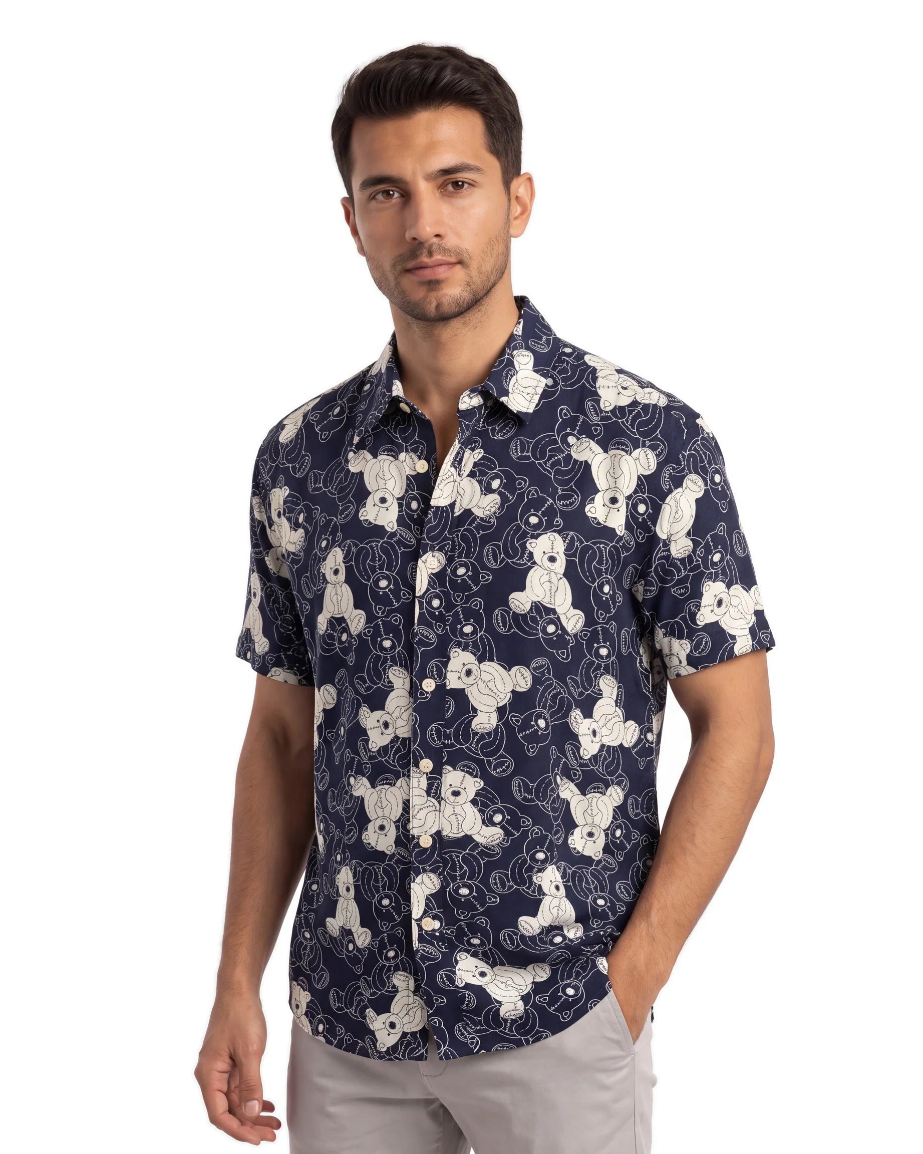 Teddy Print Shirt - Navy Blue, angled