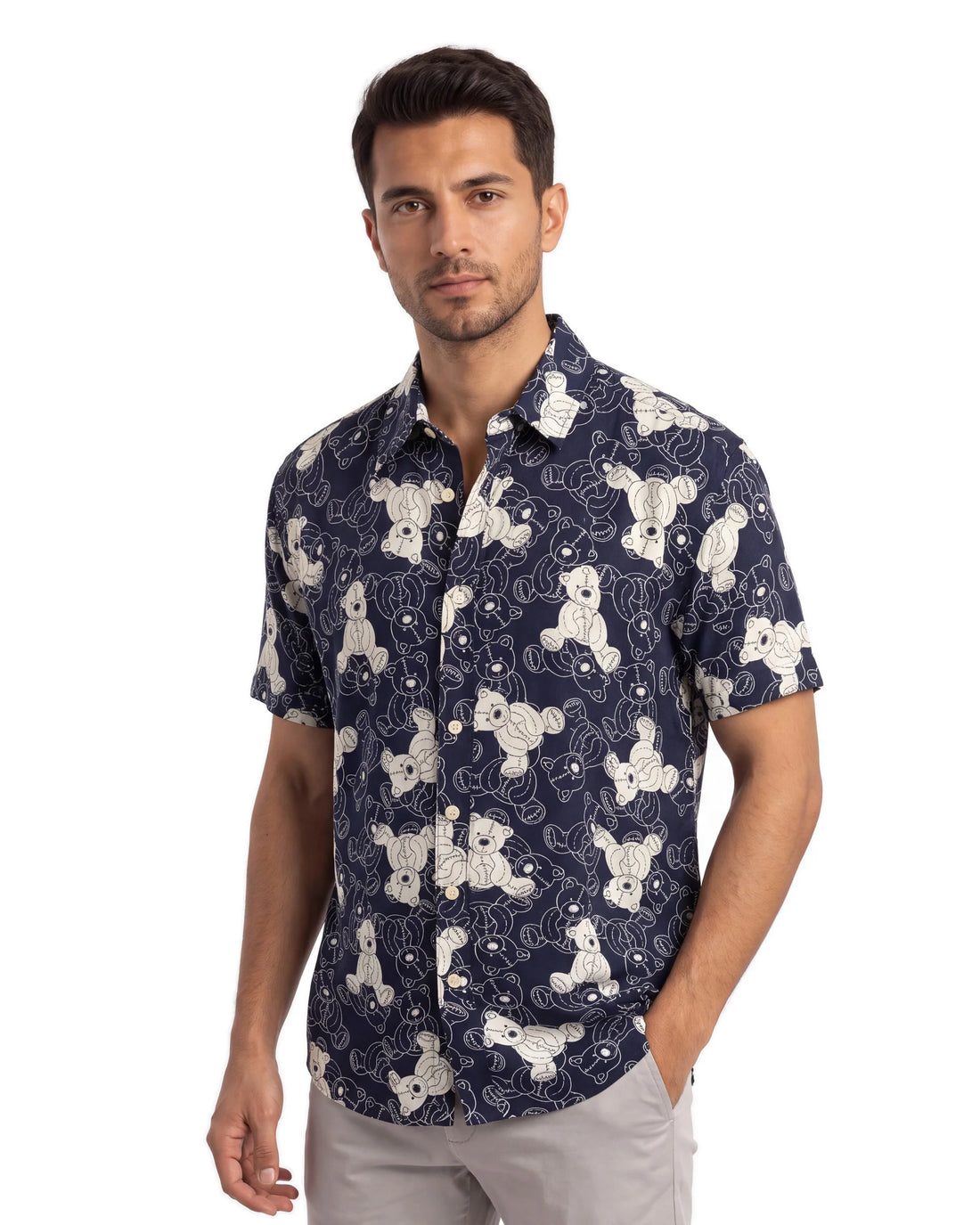 Teddy Print Shirt - Navy Blue, angled